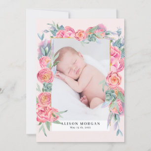 faire-part de naissance photo rose floral or