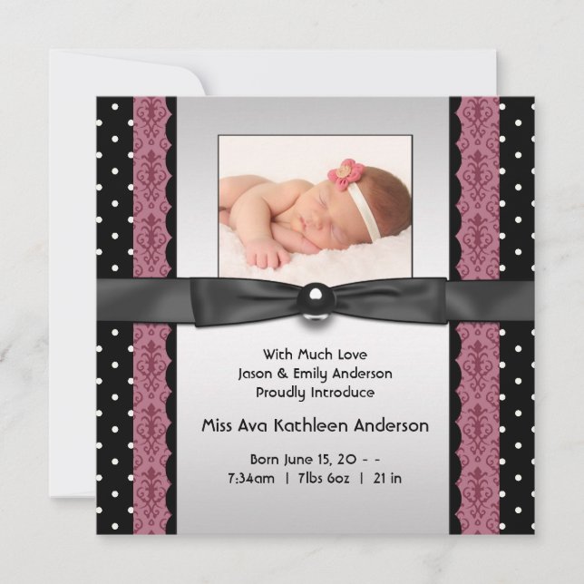 Faire-part de naissance photo rose noir Polka Dot  (Devant)