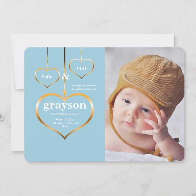 Faire-part de naissance photo Trois Coeurs (Devant)