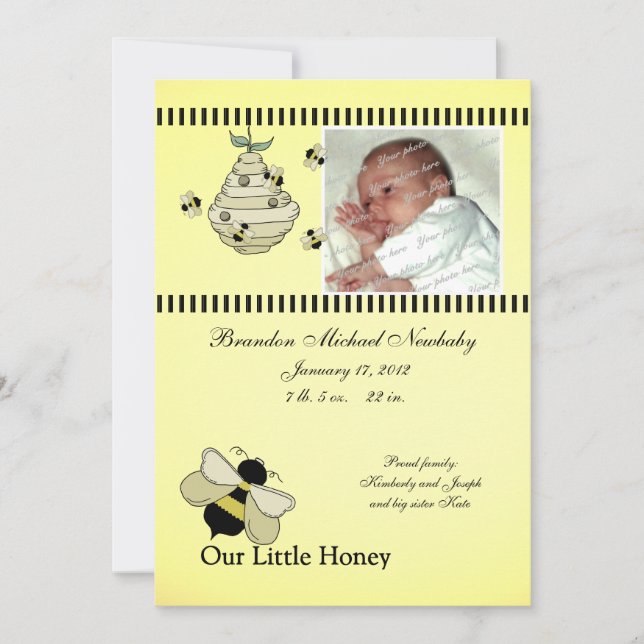 Faire-part de naissance pour bébé d'abeille de mie (Devant)