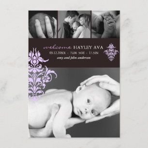 Faire-part de naissance pourpre et Brown Damask