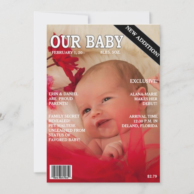 FAIRE-PART DE NAISSANCE ! Votre bébé sur la couver (Devant)