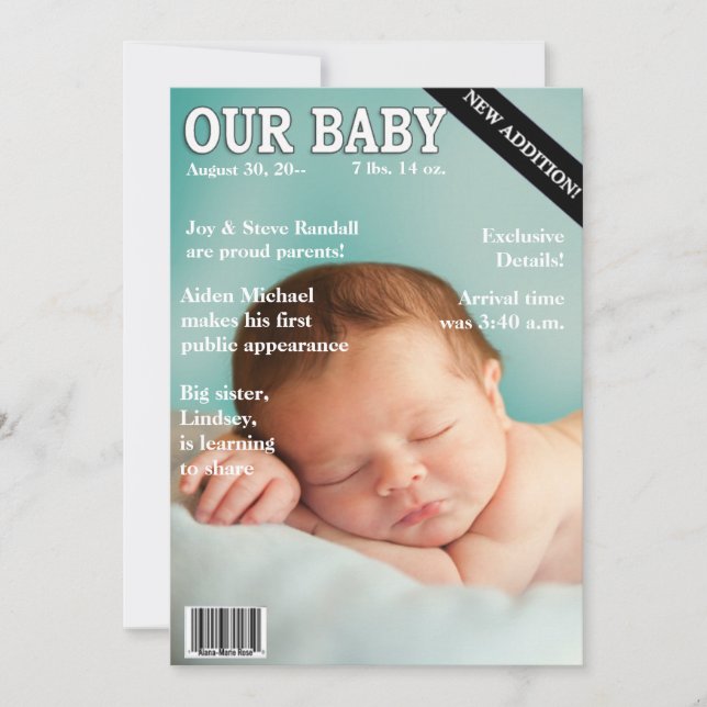 FAIRE-PART DE NAISSANCE ! Votre bébé sur la couver (Devant)