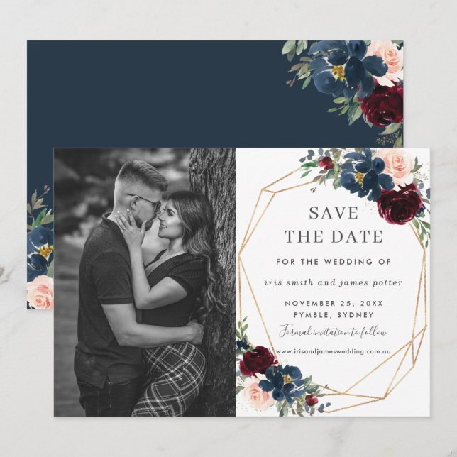 Faire-part de photo de pré-mariage Burgundy Navy B (Devant / Derrière)