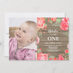 Faire-part de premier anniversaire Rustique Fleurs