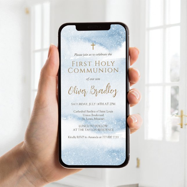 Faire-part de première communion mobile garçon aqu (Blue Watercolor Boy First Communion Mobile Invite)