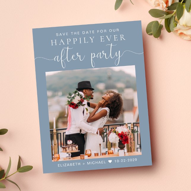 Faire-part de réception de mariage Dusty Blue Phot (A stylish save the date announcement for a reception to celebrate your elopement or private wedding)