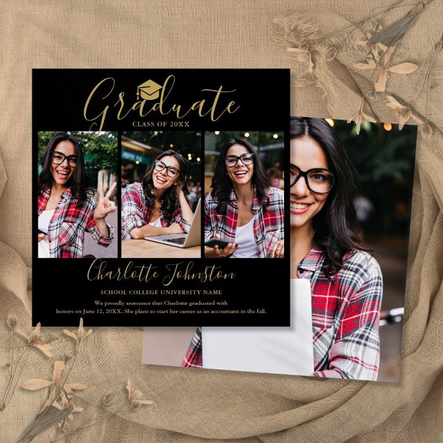 Faire-part de remise de diplôme avec script Black  (Black Gold Script 4 Photo Graduation Announcement)