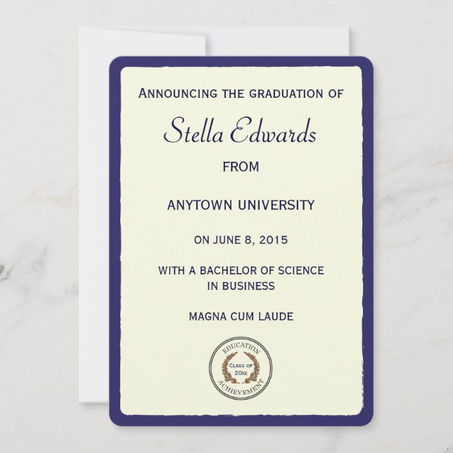 Faire-part de remise de diplôme classique bleu coi (Devant)