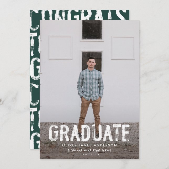 Faire-part de remise de diplôme photo vert grungy  (Devant / Derrière)