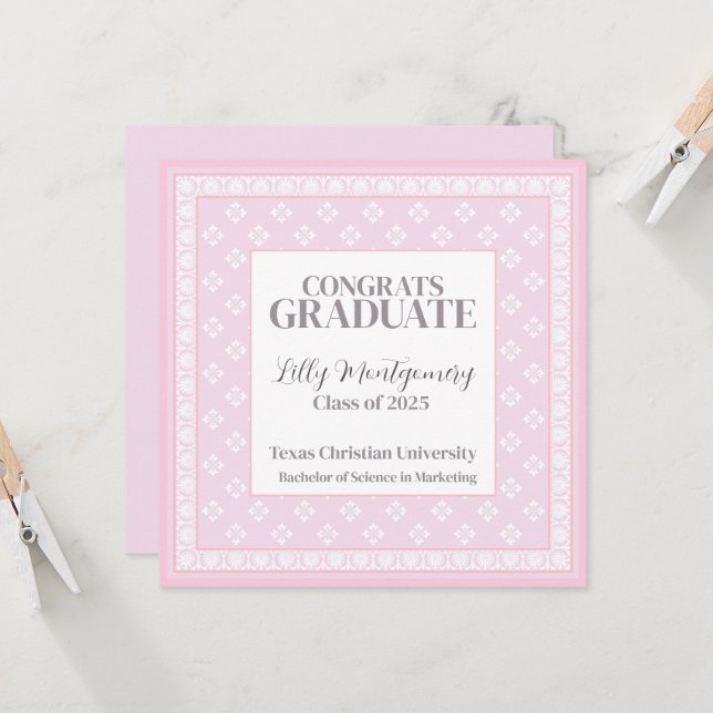 Faire-part de remise de diplômes rose carré  (Devant/Arrière en situation)