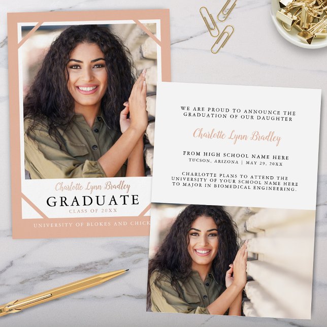 Faire-part de Remise des Diplômes à Feuille de Ros (Elegant modern minimalist peach and rose gold foil graduation announcement with 2 photos)