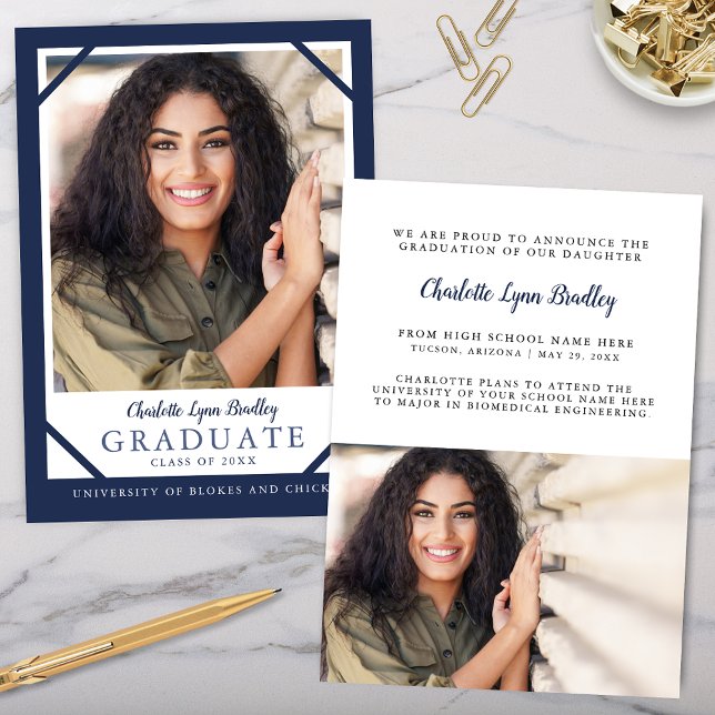 Faire-part de remise des diplômes bleu marine avec (Modern elegant navy blue graduation announcement with 2 photos and trendy modern minimalist card)