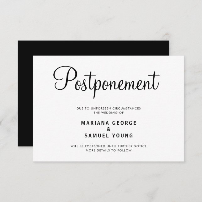 Faire-part de report du Mariage de script simple (Devant / Derrière)