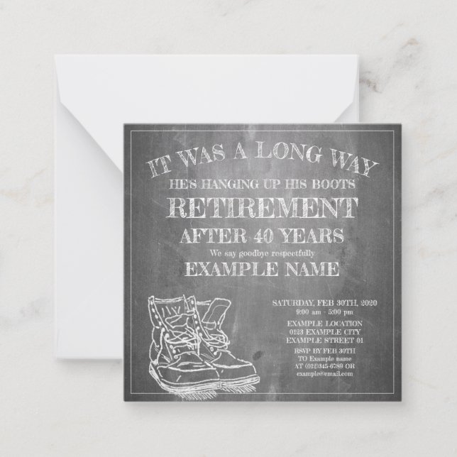 Faire-part de retraite avec de vieilles bottes V3. (Devant)