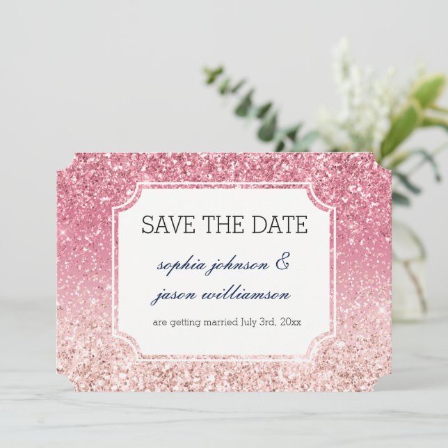 Faire part de save the date rose poudré scintillan (Debout devant)