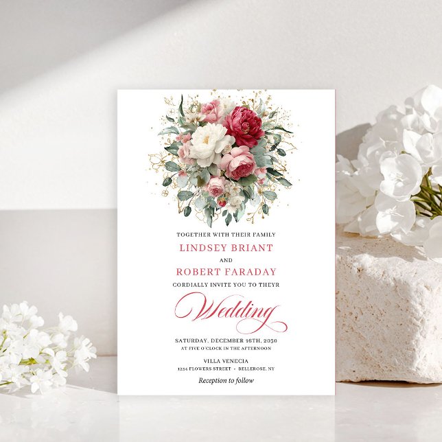 Faire-part de verdure florale rouge boho intempore (Timeless Boho Red Blush Floral Greenery Invitation)