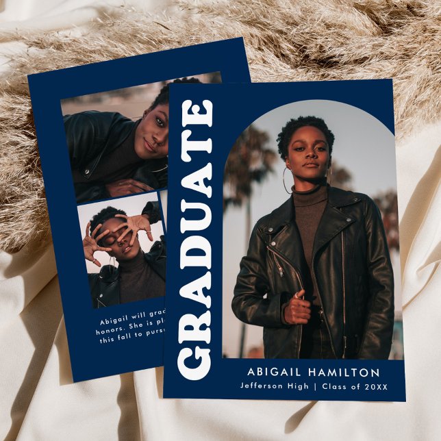 Faire-part Décalage Arch Navy Blue 4 Photo Graduation (Créateur téléchargé)