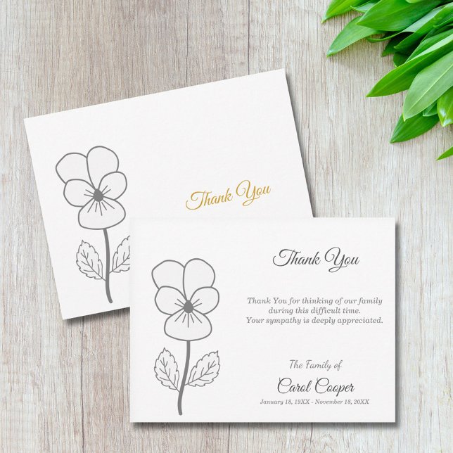 Faire-part décès Pensée sauvage (Wild Pansy Line Art Funeral Thank You Note Card)