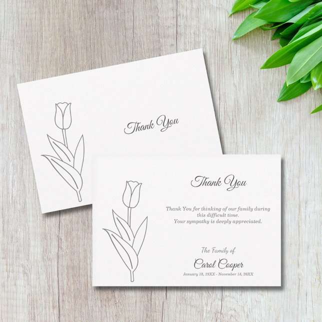 Faire-part décès Tulipe Dessin au trait (Tulip Line Art Funeral Thank You Note Card)