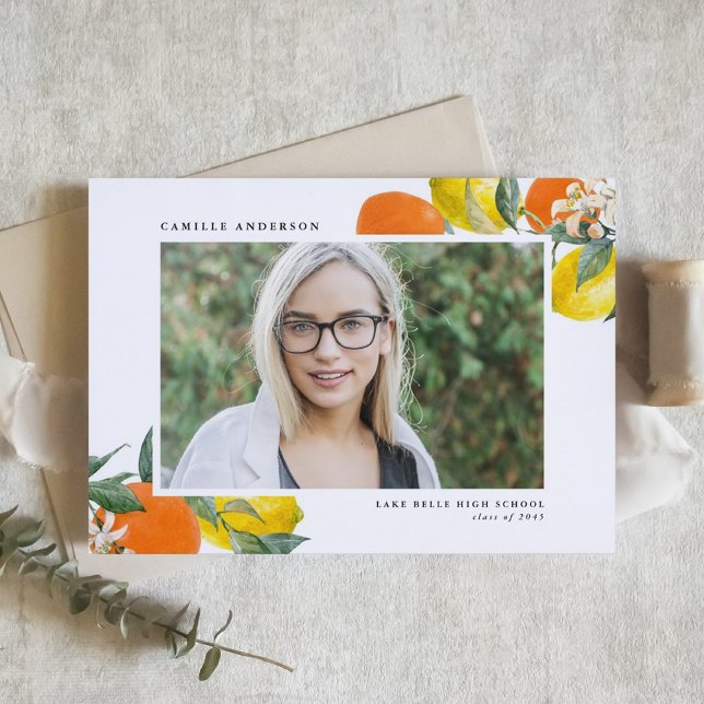 Faire-part Dégradé de photo botanique oranges et citrons (Botanical Oranges and Lemons Photo Graduation Announcement)