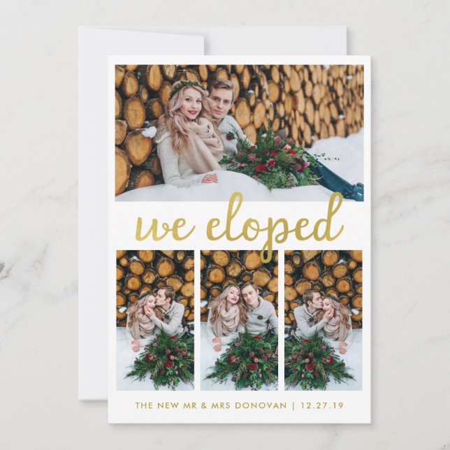 Faire-part d'Elopement photo en bois et or rustiqu (Devant)