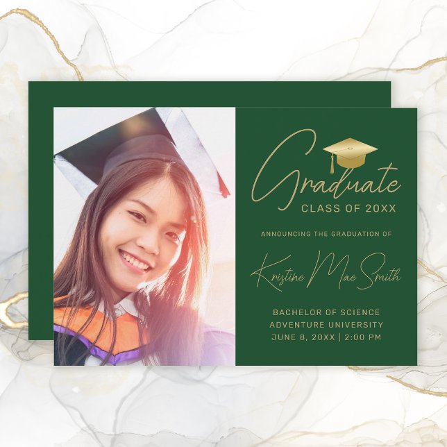 Faire-part Design Green Gold Script Photo College Graduation (Modern Green Gold Script Graduation Announcement
)
