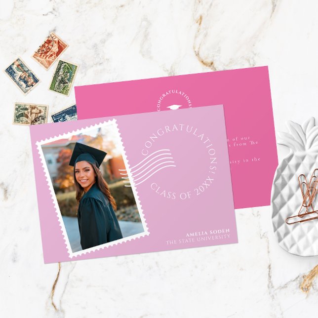 Faire-part Design moderne de timbres postérieurs : Pink Photo (Front and Back of a modern photo graduation announcement card with postage stamp frame in bold pink.)
