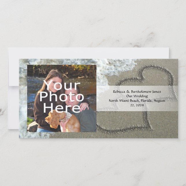 Faire-part Deux Coeurs de sable sur la plage, Océan romantiqu (Devant)