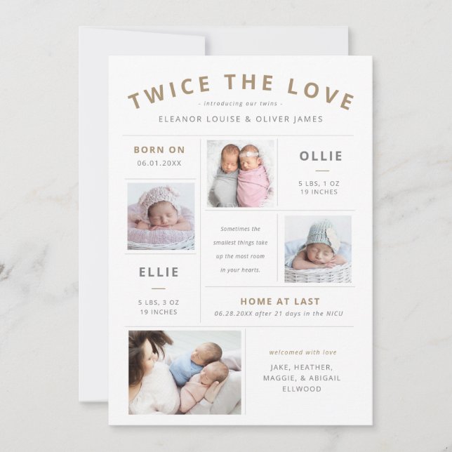 Faire-part Deux fois l'amour Infographie Twin Birth (Devant)