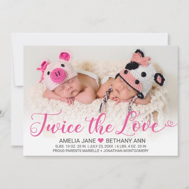 Faire-part Deux fois l'amour Twin Girls Pink Script Photo Nai (Devant)