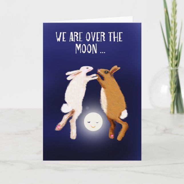 Faire-part deux lapins au-dessus de la lune.nouveau bébé fair (Devant)