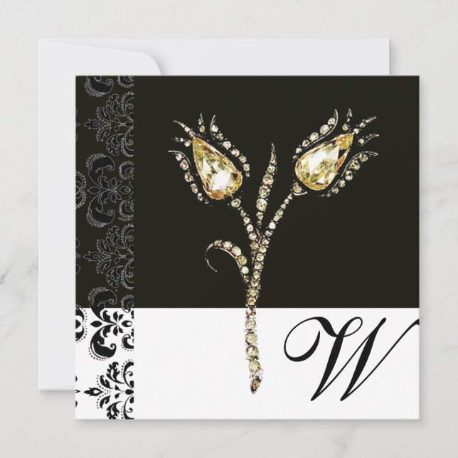 Faire-part DIAMOND TULIPS, noir et or Damask Monogramme (Devant)
