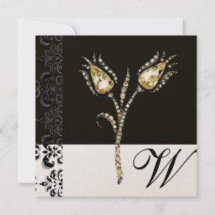 Faire-part DIAMOND TULIPS, noir et or Damask Monogramme