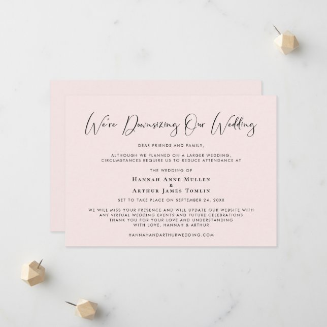 Faire-part Diminution De Notre Mariage Élégante Calligraphie  (Devant/Arrière en situation)