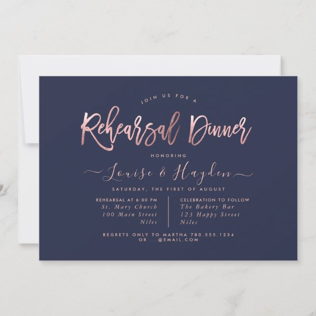 Faire-part Dîner de répétition élégant, Rose Gold+Navy Blue (Devant)