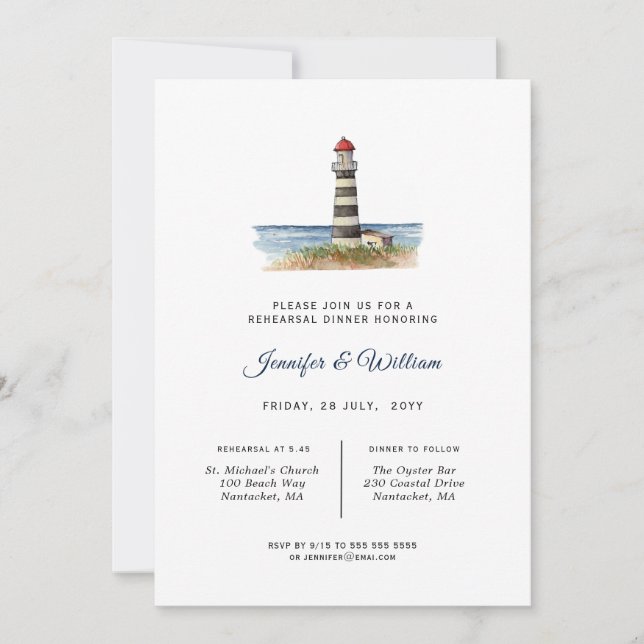 Faire-part Dîner de répétition nautique du phare d'aquarelle (Devant)