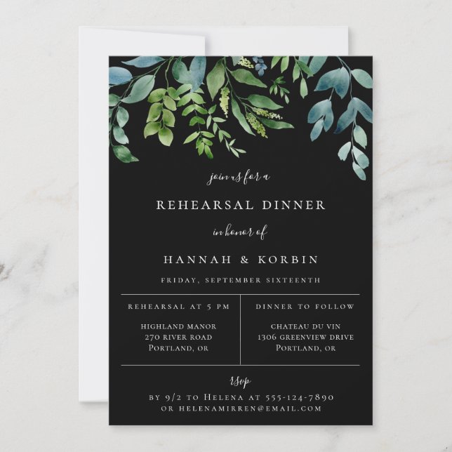 Faire-part Dîner de répétition noire dans la verdure botaniqu (Devant)