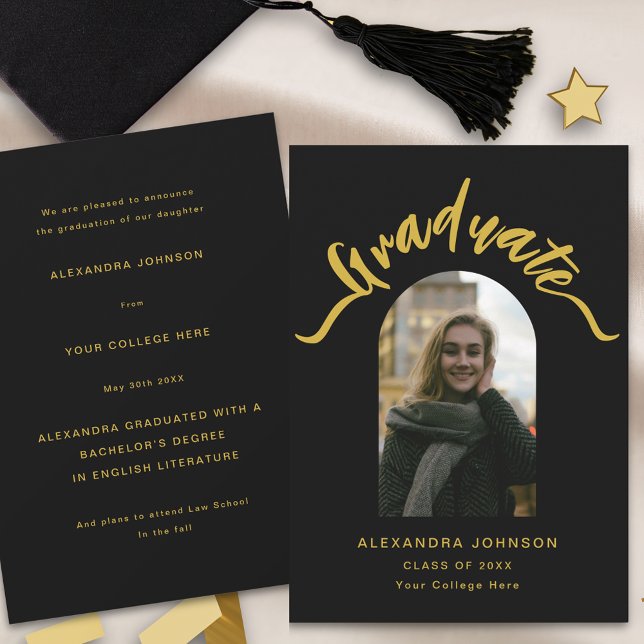 Faire-part Diplôme d'Arc Moderne (Modern arch photo black and gold script graduation announcement card)