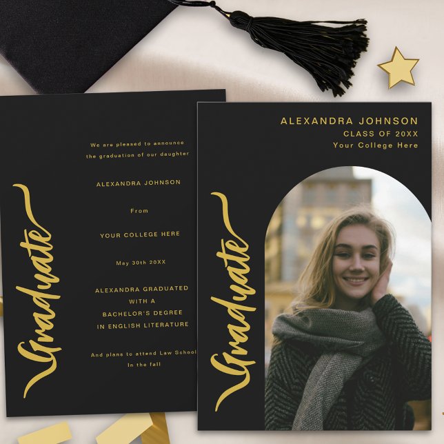 Faire-part Diplôme d'Arc Photo Moderne (Modern graduate photo arch gold script stylish black Graduation announcement card)