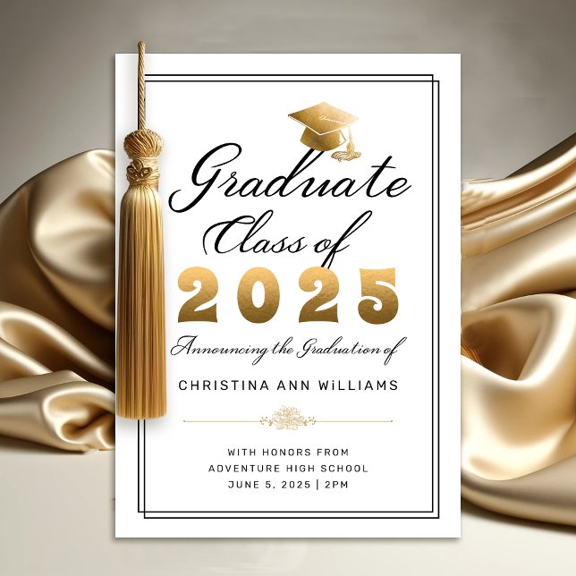 Faire-part Diplômé élégant or blanc écriture 2025 (Elegant White Gold Script Graduation Announcement)