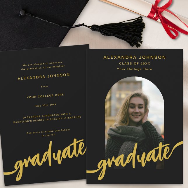 Faire-part Diplôme photo Arch moderne (Modern black and gold script arch photo Graduation announcement card )