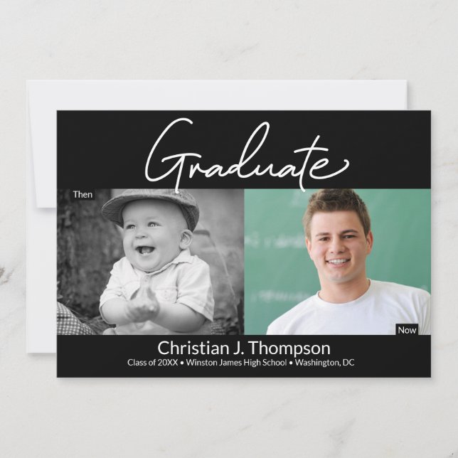 Faire-part Diplômé puis et maintenant lycée photo de fin d'ét (Devant)