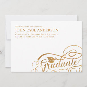 Faire-part Diplômé Script Diplôme Casquette Blanc Or