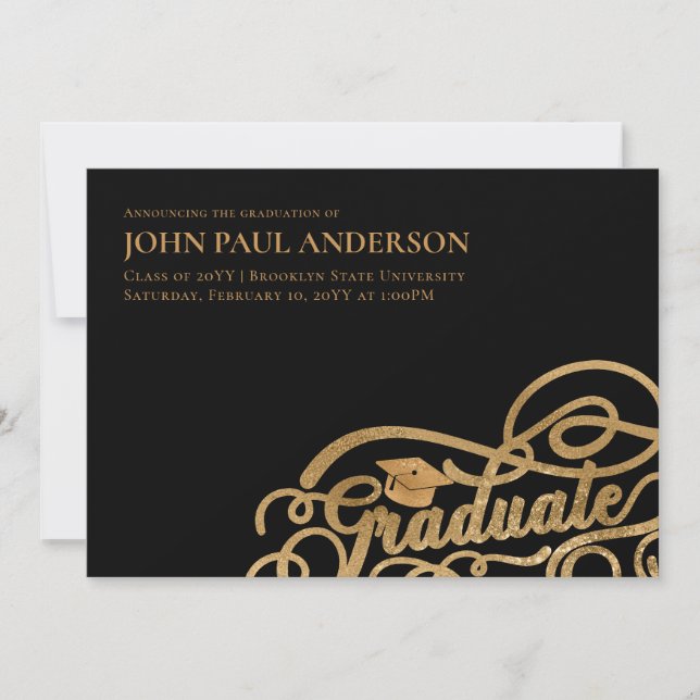 Faire-part Diplômé Script Diplôme Casquette noir Or (Devant)