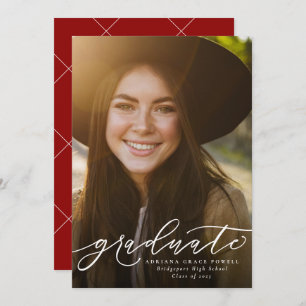 Faire-part Diplômé simple rouge graduation verticale