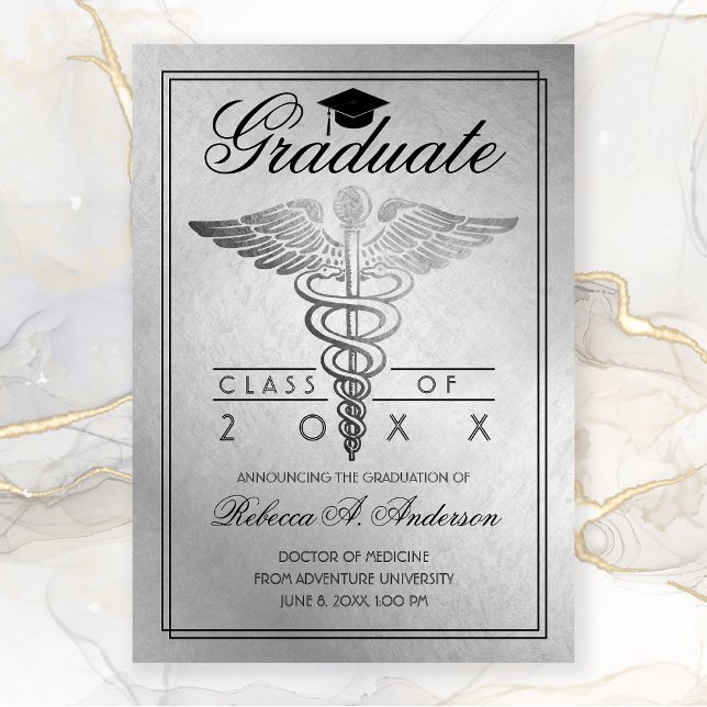 Faire-part Docteur en Diplôme Caduceus Silver Grad Casquette (Silver Medical Graduation Announcement)