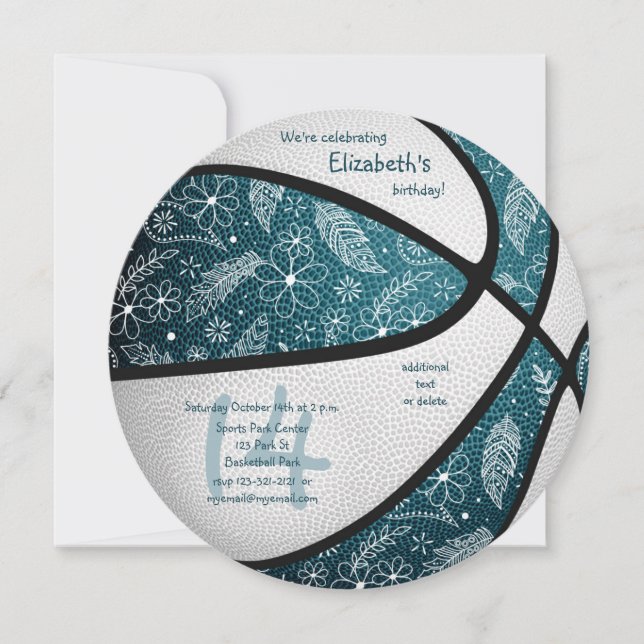 Faire-part doodé motif filles turquoise basket-ball anniversa (Devant)