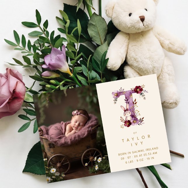 Faire-part Dreamy Bunny T Initial Gold Glitter Newborn (Dreamy Funny Bunny Romantic Floral T Initial in Burgundy & Gold Glitter Effect for Newborn Photo.)