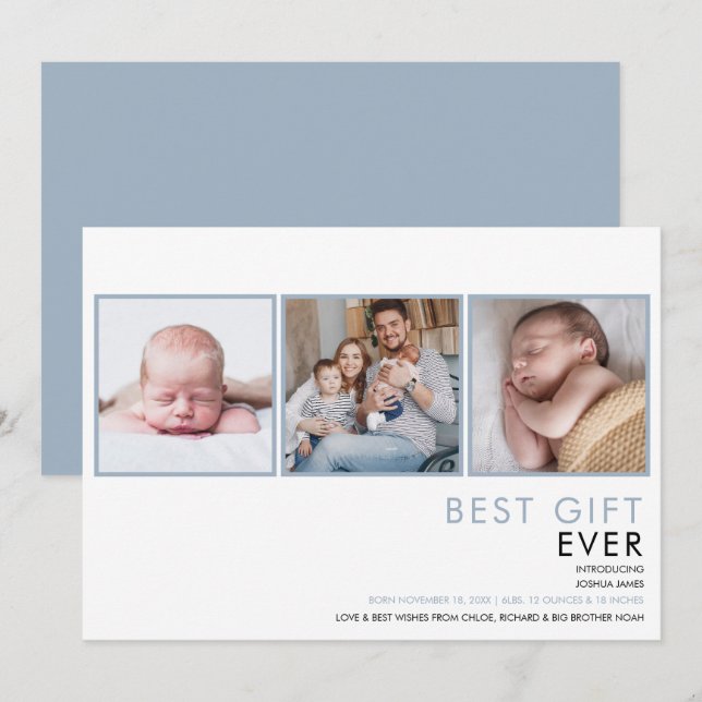 Faire-part Dusty Blue Baby Boy 3 Photo Birth (Devant / Derrière)